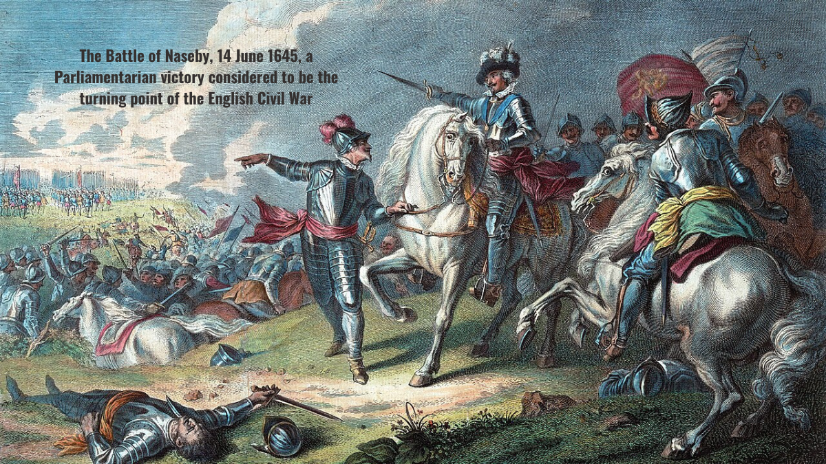 The Battle of Naseby, 14 June 1645, a Parliamentarian victory considered to be the turning point of the English Civil War, hand-coloured copper engraving