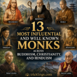Illustrated collage of 13 famous monks and spiritual teachers from Buddhism, Christianity, and Hinduism, including Nagarjuna, Shankara, Benedict, Dalai Lama, and Thich Nhat Hanh.