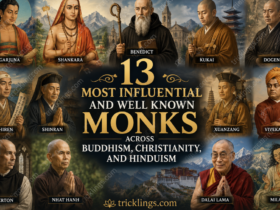Illustrated collage of 13 famous monks and spiritual teachers from Buddhism, Christianity, and Hinduism, including Nagarjuna, Shankara, Benedict, Dalai Lama, and Thich Nhat Hanh.