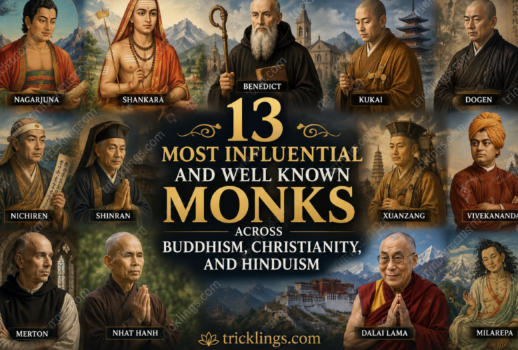 Illustrated collage of 13 famous monks and spiritual teachers from Buddhism, Christianity, and Hinduism, including Nagarjuna, Shankara, Benedict, Dalai Lama, and Thich Nhat Hanh.
