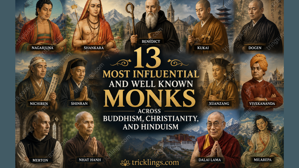 Illustrated collage of 13 famous monks and spiritual teachers from Buddhism, Christianity, and Hinduism, including Nagarjuna, Shankara, Benedict, Dalai Lama, and Thich Nhat Hanh.