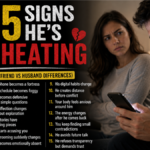 Woman looking suspiciously at a man hiding his phone beside text reading “15 spiritual Signs He’s Cheating.”