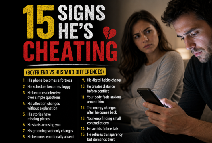 Woman looking suspiciously at a man hiding his phone beside text reading “15 spiritual Signs He’s Cheating.”