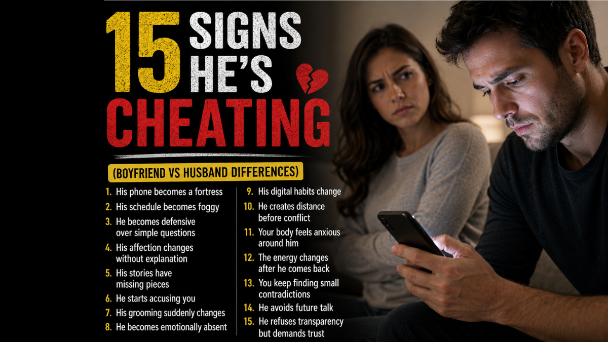 Woman looking suspiciously at a man hiding his phone beside text reading “15 spiritual Signs He’s Cheating.”