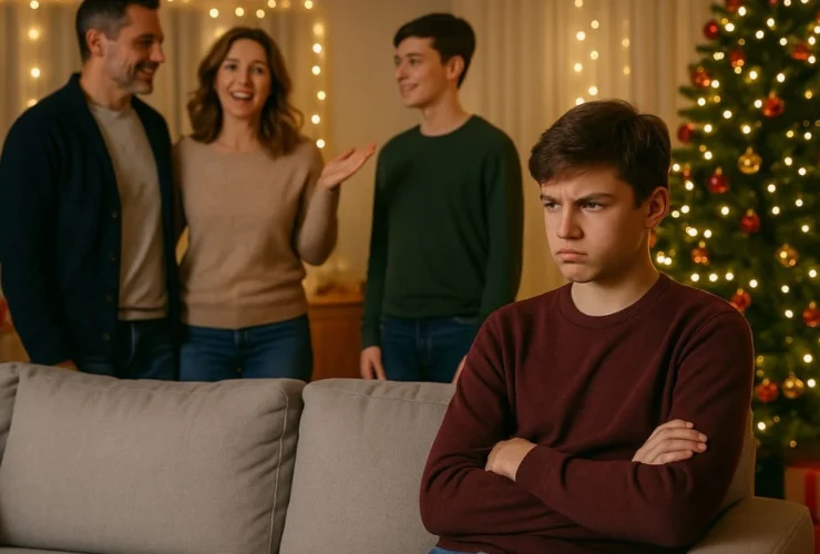 A Christmas living room scene with a decorated tree and holiday lights. A teenage boy sits apart on a couch, arms crossed, looking upset and distant don't want to meet and invite his mother's boyfriends son to Christmas