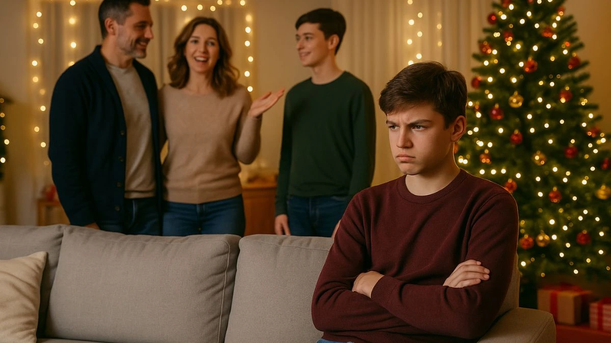A Christmas living room scene with a decorated tree and holiday lights. A teenage boy sits apart on a couch, arms crossed, looking upset and distant don't want to meet and invite his mother's boyfriends son to Christmas