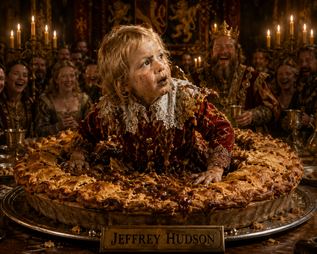 Jeffrey Hudson emerging from a giant pie before Queen Henrietta Maria.