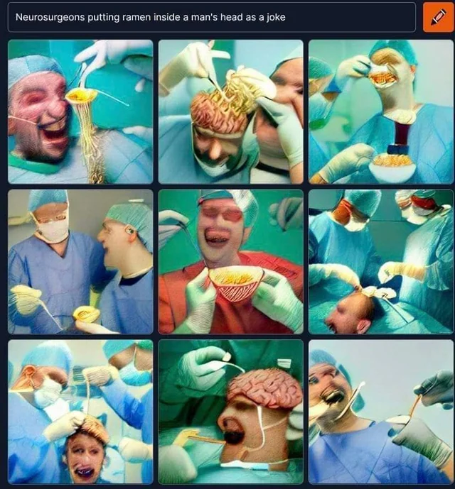 AI-generated image grid of surgeons laughing while placing ramen noodles in a man’s open skull — top 20 funny pictures online