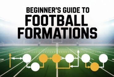 A sleek educational poster design featuring the title "Beginner's Guide to Football Formations" in bold, modern sans-serif typography at the top. The background showcases a pristine green football field from an aerial perspective, with crisp white yard lines and goal posts visible in the distance. Below the main title, simplified tactical diagrams display various formation patterns using clean geometric shapes - circles and arrows in contrasting colors of white and yellow against the field backdrop. Soft stadium lighting creates a professional atmosphere, while the overall composition maintains a clean, instructional aesthetic perfect for learning materials.
