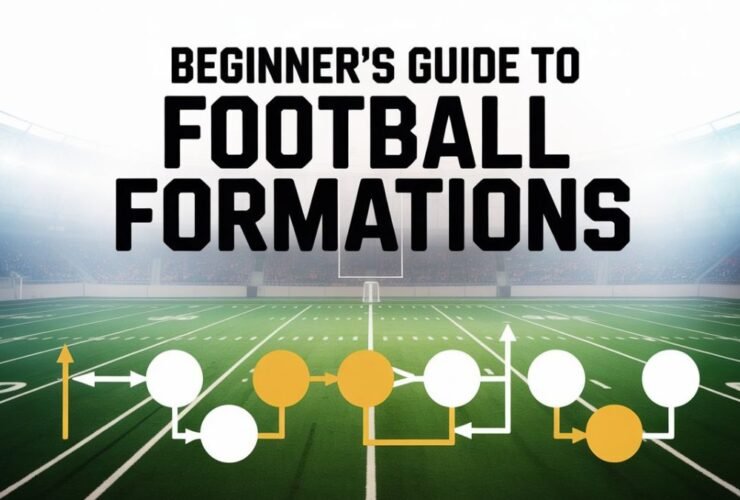 A sleek educational poster design featuring the title "Beginner's Guide to Football Formations" in bold, modern sans-serif typography at the top. The background showcases a pristine green football field from an aerial perspective, with crisp white yard lines and goal posts visible in the distance. Below the main title, simplified tactical diagrams display various formation patterns using clean geometric shapes - circles and arrows in contrasting colors of white and yellow against the field backdrop. Soft stadium lighting creates a professional atmosphere, while the overall composition maintains a clean, instructional aesthetic perfect for learning materials.