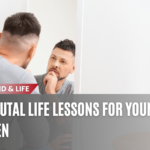 A young man looking into a mirror with determination