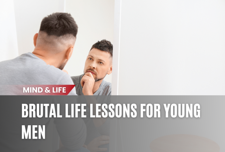 A young man looking into a mirror with determination