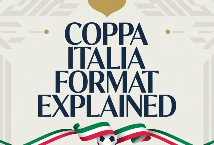 A sleek modern graphic design featuring elegant typography with the title "Coppa Italia Format Explained" prominently displayed in bold, sophisticated sans-serif lettering. The text is rendered in deep navy blue with gold accents, positioned against a clean white background with subtle geometric patterns inspired by Italian football aesthetics. Below the main title, decorative elements include a stylized soccer ball silhouette and flowing ribbon-like graphics in the colors of the Italian flag - green, white, and red. The overall composition has a professional, editorial feel with balanced spacing and refined visual hierarchy, suitable for an informational sports presentation.