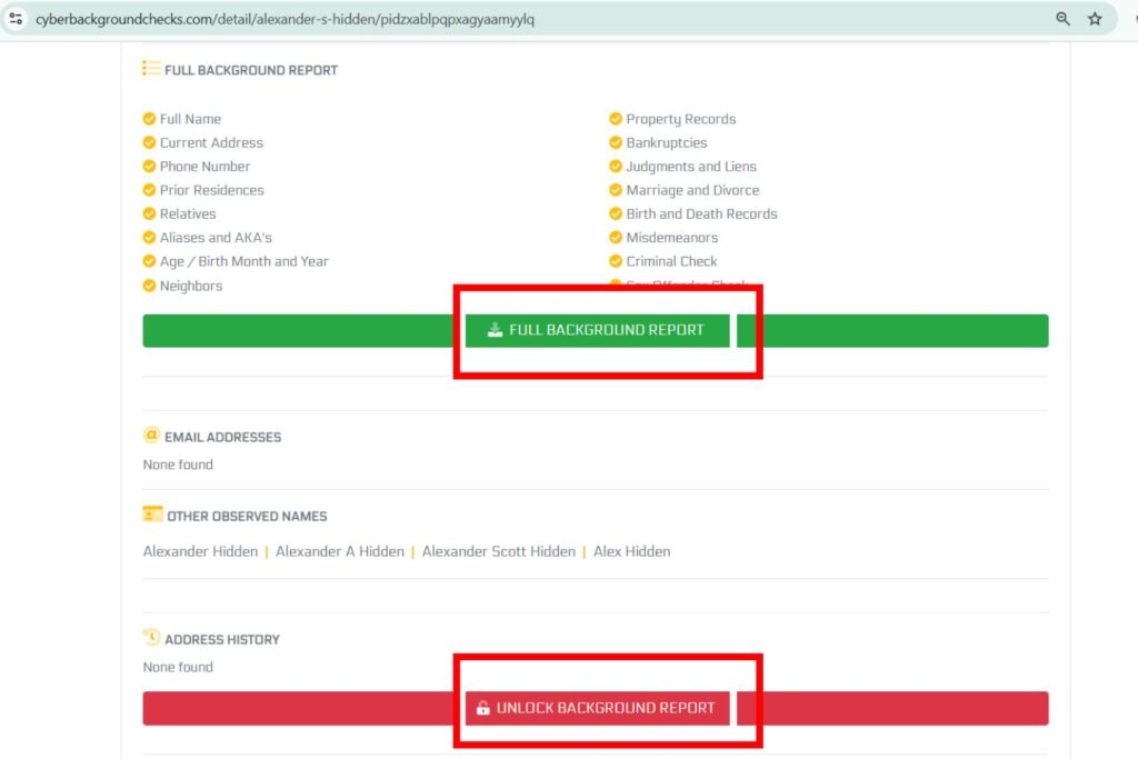 CyberBackgroundChecks preview page showing partial details for 'Alexander S. Hidden,' with options to unlock the full report via a third-party service.