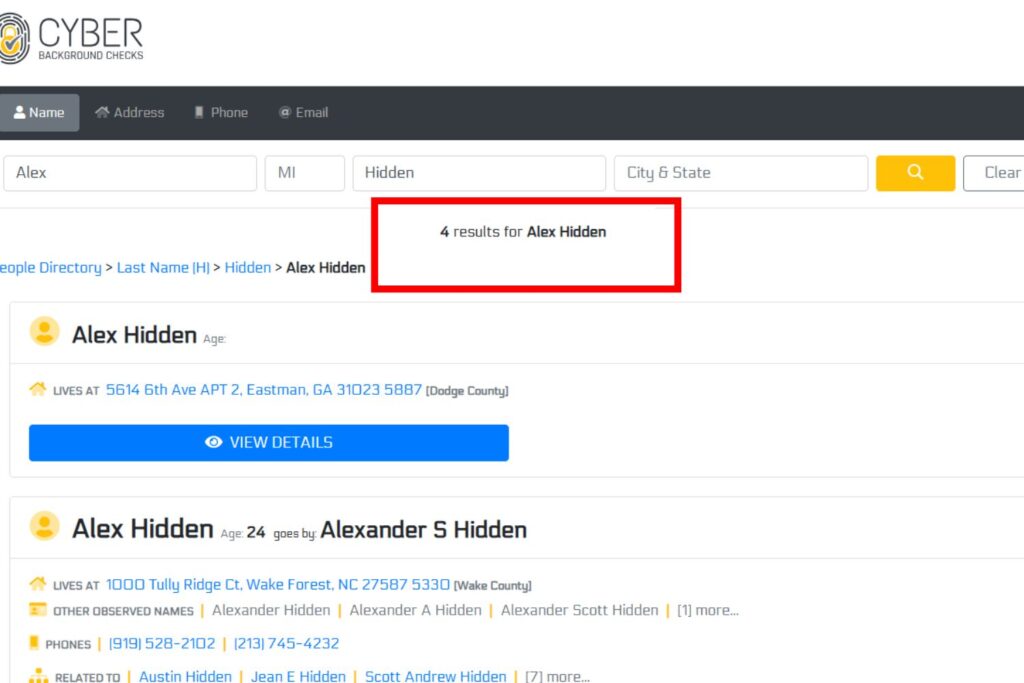 CyberBackgroundChecks search results for 'Alex Hidden,' displaying limited information and a 'View Details' button.
