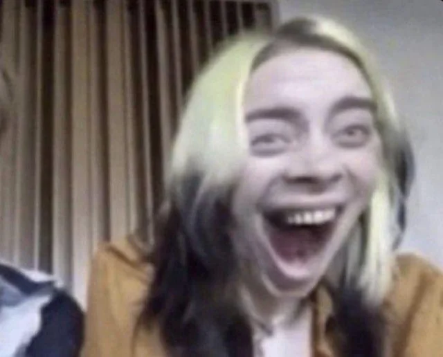 Distorted close-up images of Billie Eilish making bizarre facial expressions in three different weird, meme-like screenshots