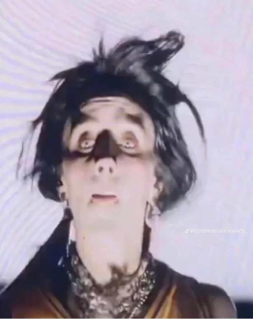 Distorted close-up images of Billie Eilish making bizarre facial expressions in three different weird, meme-like screenshots