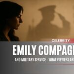 Emily Compagno looking thoughtful beside the shadow of a saluting soldier, symbolizing military respect and viewer curiosity.