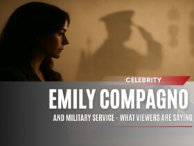 Emily Compagno looking thoughtful beside the shadow of a saluting soldier, symbolizing military respect and viewer curiosity.