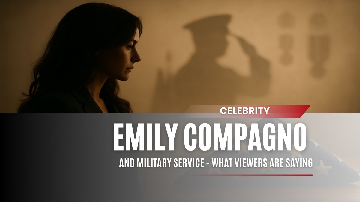 Emily Compagno looking thoughtful beside the shadow of a saluting soldier, symbolizing military respect and viewer curiosity.