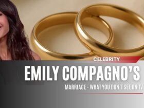 Emily Compagno smiling beside two intertwined gold wedding rings, symbolizing her private marriage life.