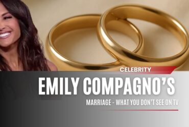 Emily Compagno smiling beside two intertwined gold wedding rings, symbolizing her private marriage life.