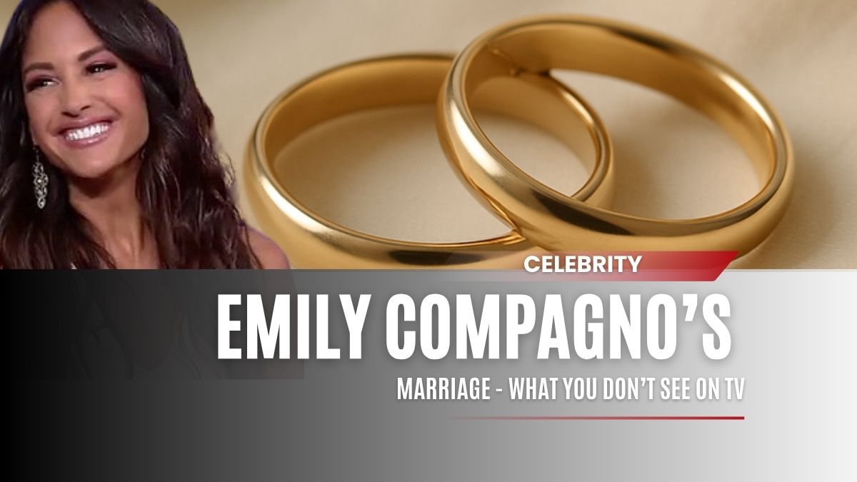 Emily Compagno smiling beside two intertwined gold wedding rings, symbolizing her private marriage life.