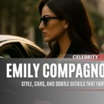 Stylish woman stepping out of a sleek black car, dressed in a dark blazer and heels, symbolizing Emily Compagno’s fashion and lifestyle choices.