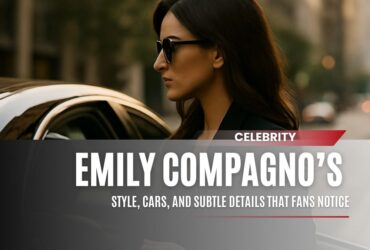 Stylish woman stepping out of a sleek black car, dressed in a dark blazer and heels, symbolizing Emily Compagno’s fashion and lifestyle choices.