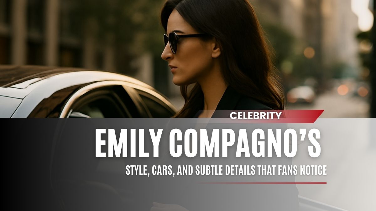 Stylish woman stepping out of a sleek black car, dressed in a dark blazer and heels, symbolizing Emily Compagno’s fashion and lifestyle choices.