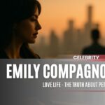 Emily Compagno gazing out at sunset with a blurred man behind her, symbolizing her private relationship with Peter Riley.