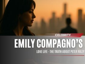 Emily Compagno gazing out at sunset with a blurred man behind her, symbolizing her private relationship with Peter Riley.