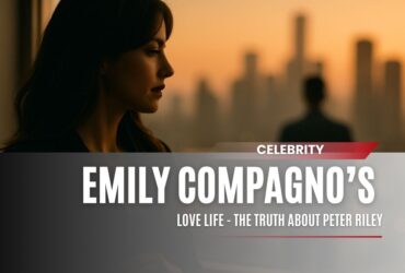 Emily Compagno gazing out at sunset with a blurred man behind her, symbolizing her private relationship with Peter Riley.