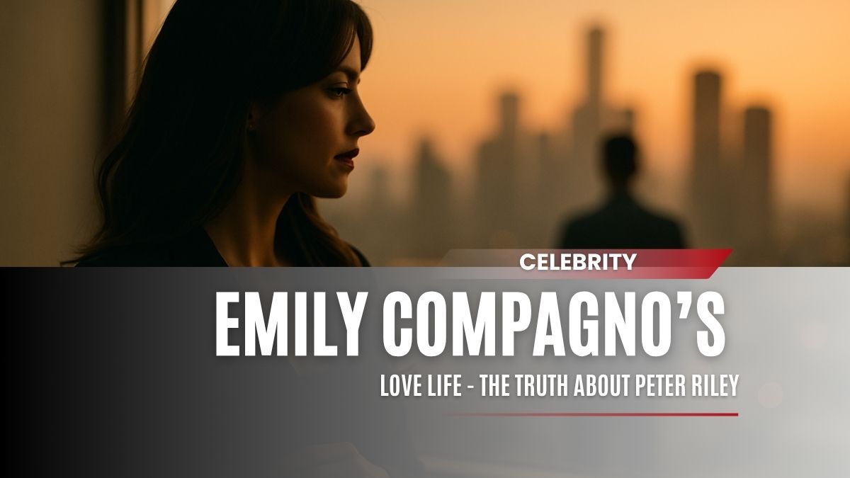 Emily Compagno gazing out at sunset with a blurred man behind her, symbolizing her private relationship with Peter Riley.