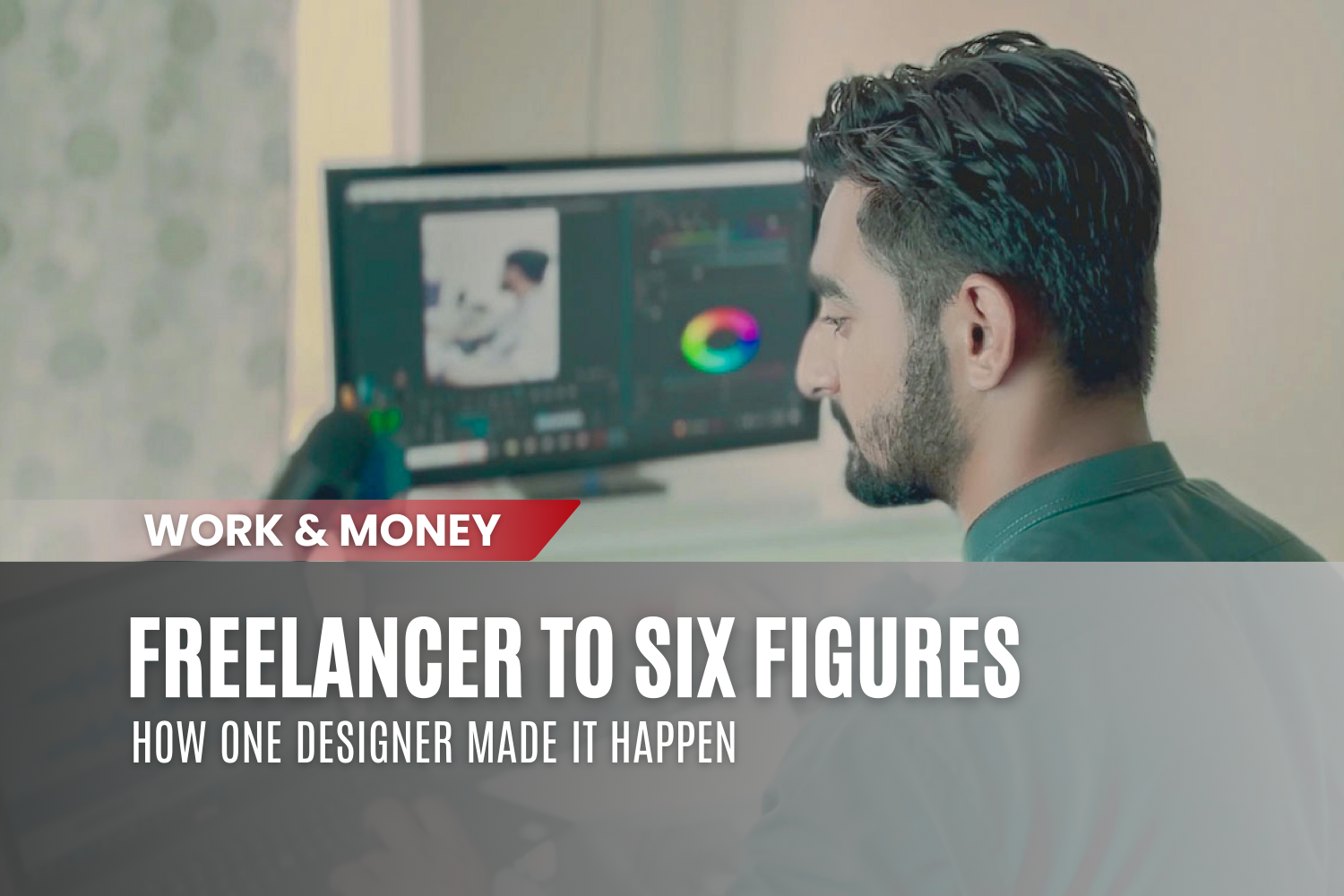 A designer at a bright workspace with dual monitors, relaxed and confident