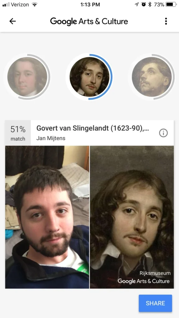 Funny Google Arts & Culture match comparing a modern selfie to a 1600s portrait with striking resemblance — top 20 funny images online.