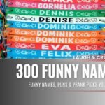 A list of funny fake names and prank name ideas, styled with colorful humor icons and playful text.