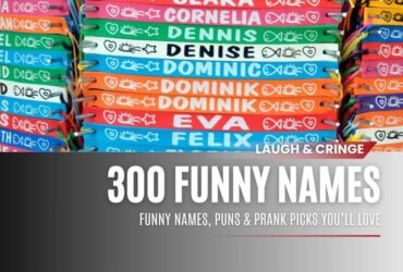 A list of funny fake names and prank name ideas, styled with colorful humor icons and playful text.