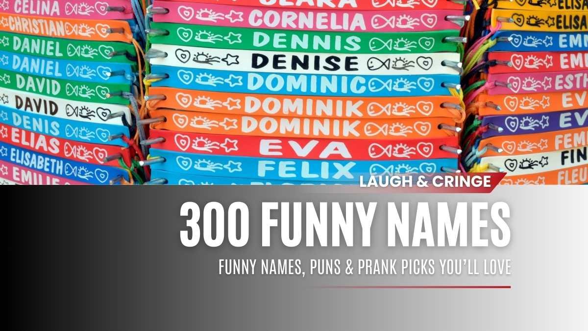 A list of funny fake names and prank name ideas, styled with colorful humor icons and playful text.