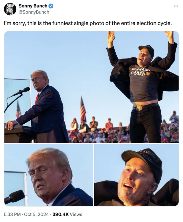 Funny collage of Trump and an excited man jumping on stage wearing a “Save Mars” shirt — funny election photos of people in wild moments