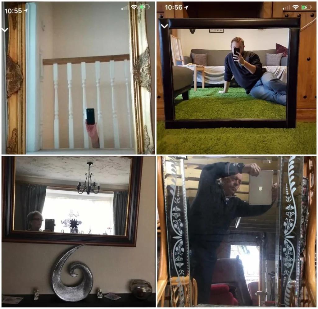 Funny collage of people taking awkward mirror selfies in creative or accidental ways — top 20 funny pictures online