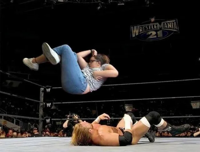 Funny photo series of a woman sleeping awkwardly photoshopped into a wrestling ring, airport, and dancing scene — funny images of people and clever edits