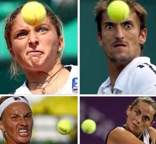 Funny pictures of people caught mid-tennis match with intense, awkward facial expressions — hilarious photos of people in action.