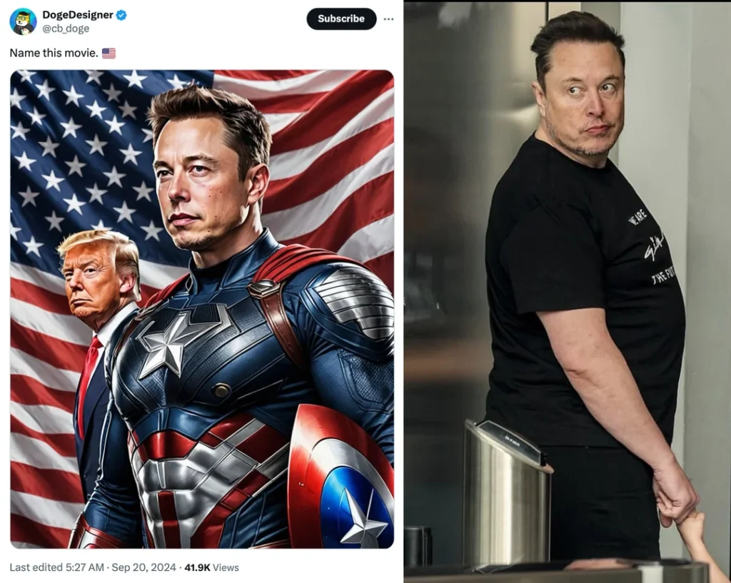 Funny side-by-side of AI image showing Elon Musk as Captain America next to real candid photo — top 20 funny pics online.