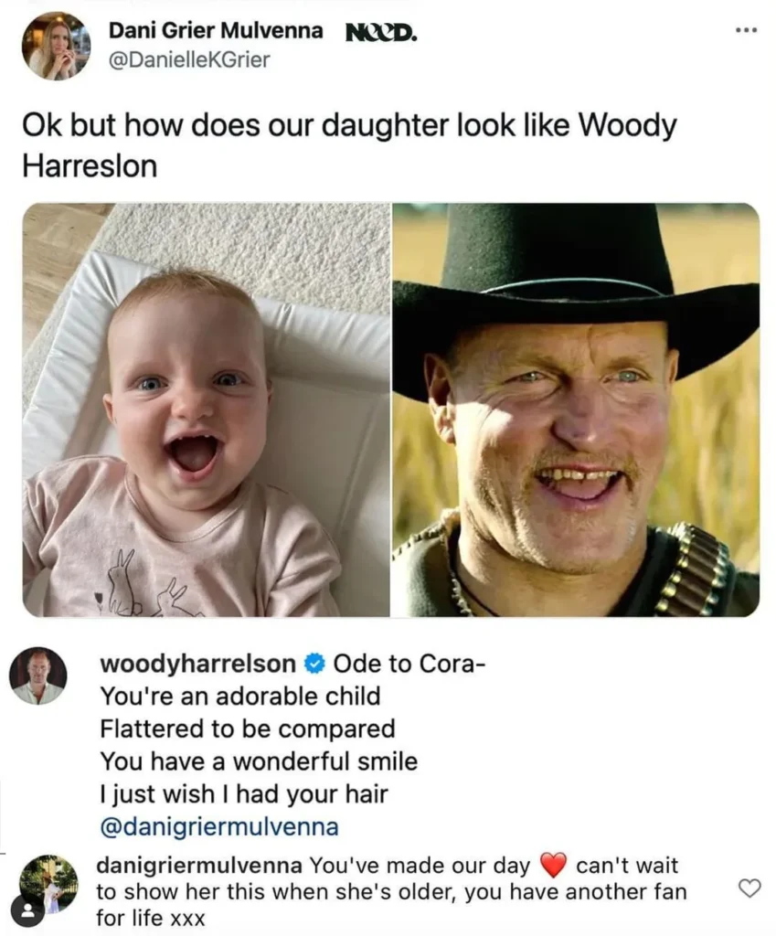 Funny side-by-side photo of a smiling baby next to Woody Harrelson with a tweet pointing out their resemblance — funny photos of people and babies