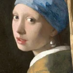 Girl with a Pearl Earring by Johannes Vermeer, a famous 17th-century painting depicting a young woman in an exotic turban with a large pearl earring, known for its captivating gaze and masterful use of light.