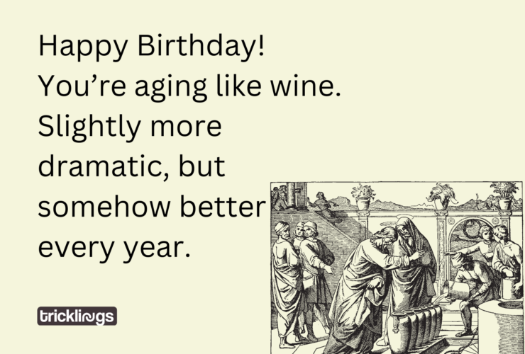 Happy Birthday! You’re aging like wine Happy Birthday Funny Meme for Her​. Image also shows Water Turned into Wine at Cana with aging girl