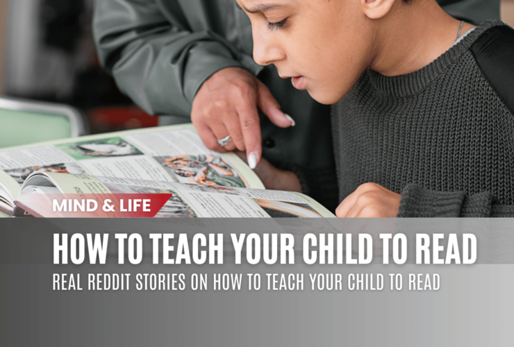 Parent helping child learn to read a book together at home.