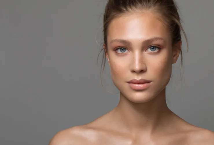Woman with natural glowing skin wearing barely-there makeup, perfect for warm weather
