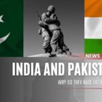 India and Pakistan flags with soldier statue symbolizing conflict and rivalry between the two nations